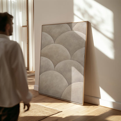 Overlapping dome scallop pattern in warm greige, canvas print presented in a light, minimal room
