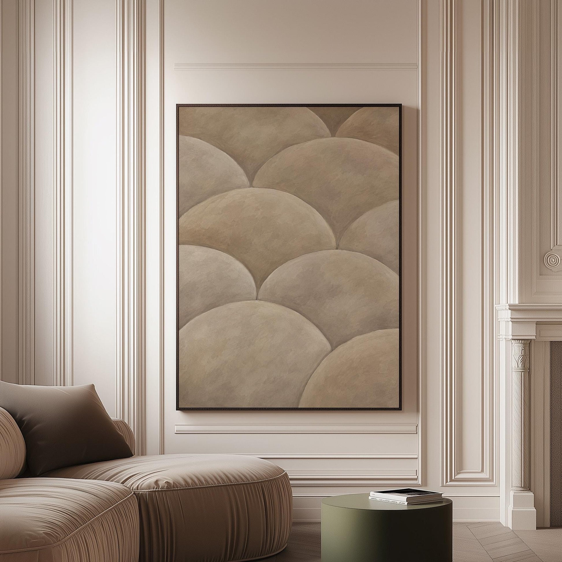 Overlapping dome scallop pattern in warm greige, canvas print on a softly lit wall in a calm interior