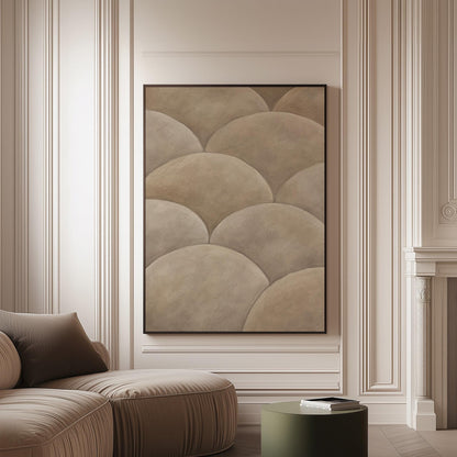 Overlapping dome scallop pattern in warm greige, canvas print on a softly lit wall in a calm interior