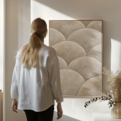 Overlapping dome scallop pattern in warm greige, canvas wall art presented in a light, minimal room