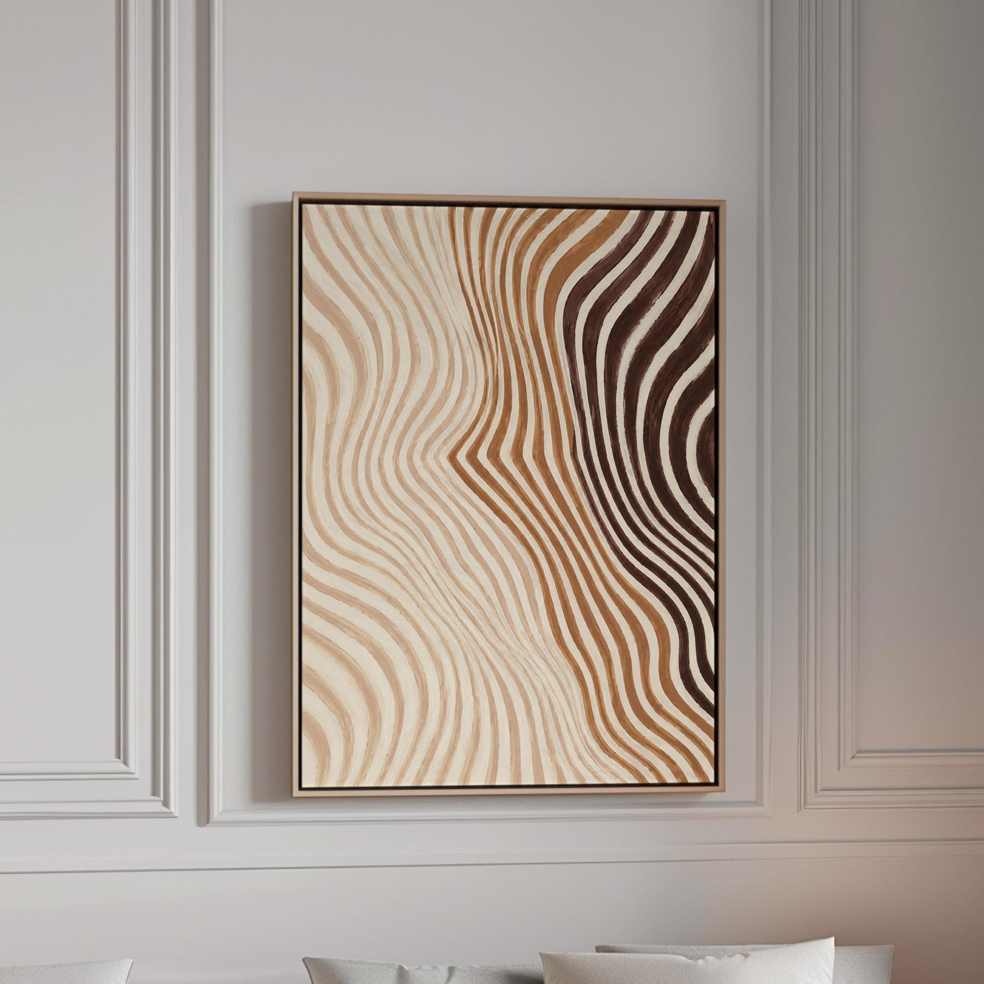 Wavy line pattern fading from beige to rust and brown, canvas print in a bright room with natural daylight