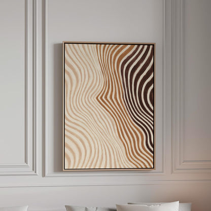 Wavy line pattern fading from beige to rust and brown, canvas print in a bright room with natural daylight