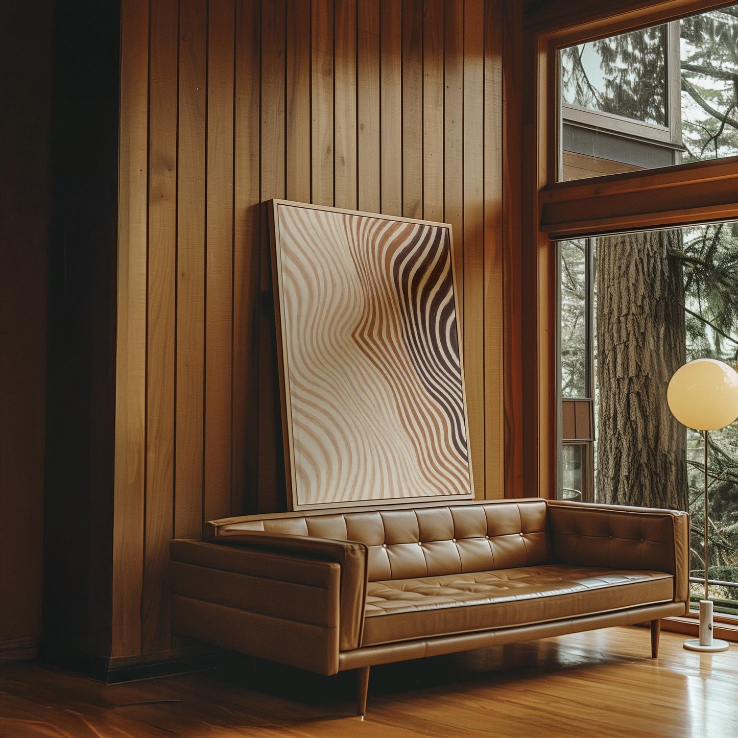 Wavy line pattern fading from beige to rust and brown, canvas print styled against a soft white wall