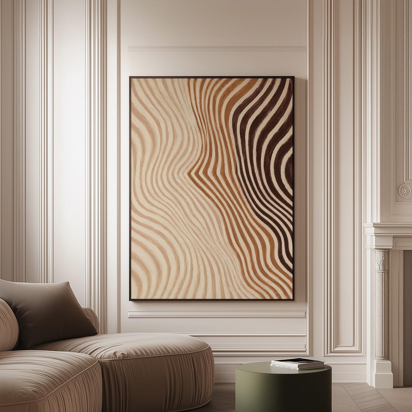 Wavy line pattern fading from beige to rust and brown, canvas print on a softly lit wall in a calm interior