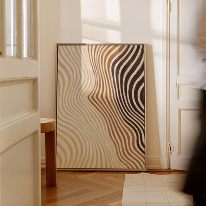 Wavy line pattern fading from beige to rust and brown, canvas print on a quiet wall in a considered interior