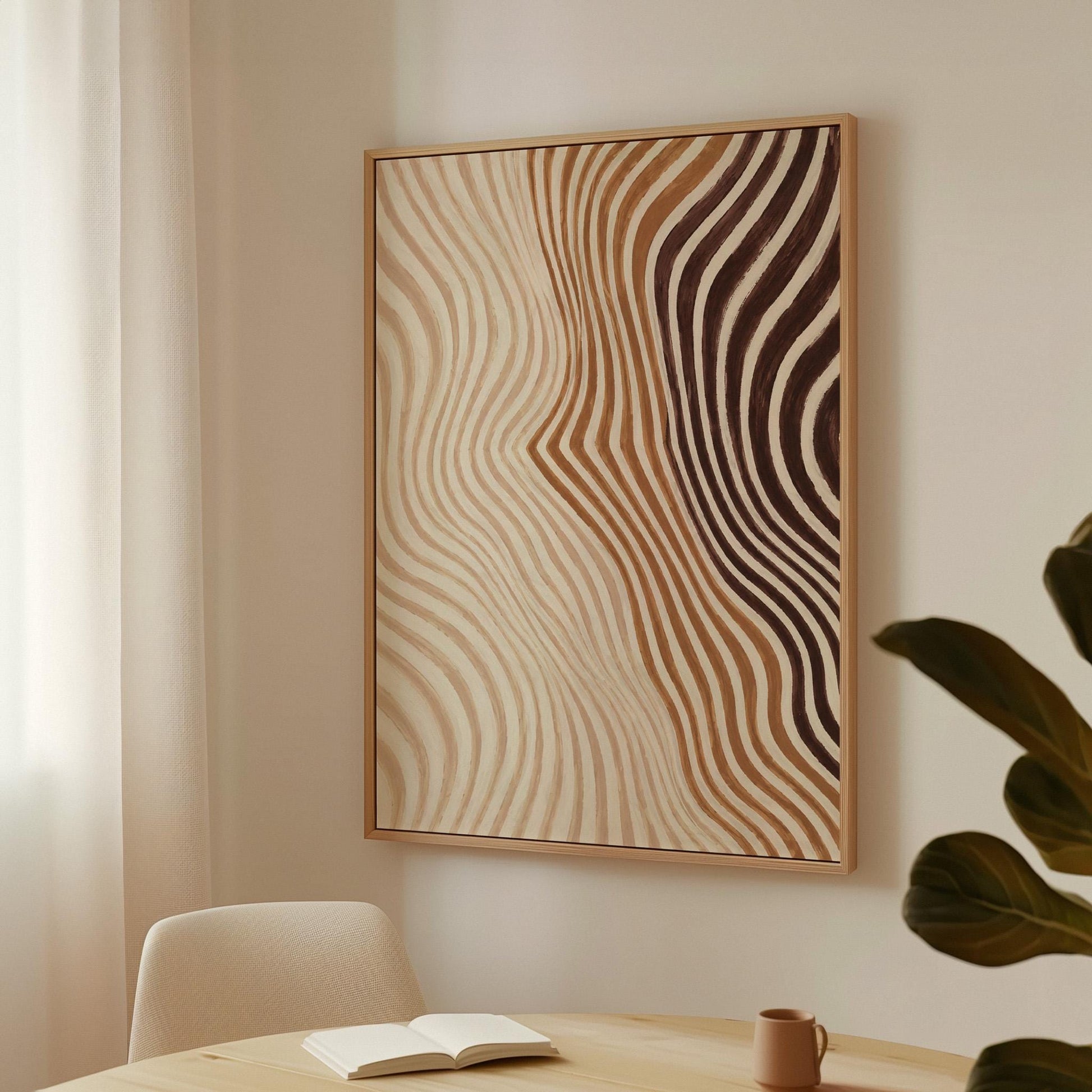 Wavy line pattern fading from beige to rust and brown, canvas wall art styled against a soft white wall