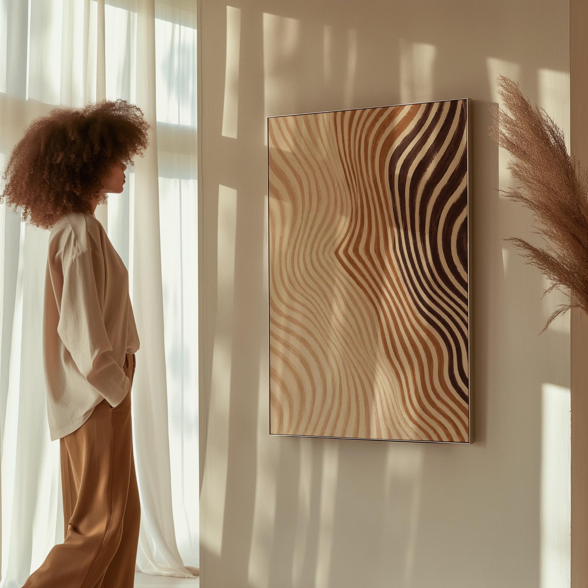 Wavy line pattern fading from beige to rust and brown, canvas print seen in a warm interior with natural light