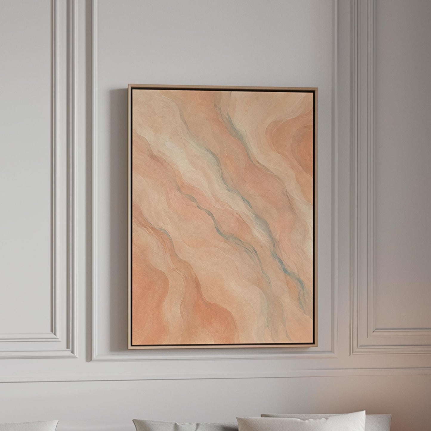 Soft flowing waves in peach blush and gray pastel, canvas print in a bright room with natural daylight