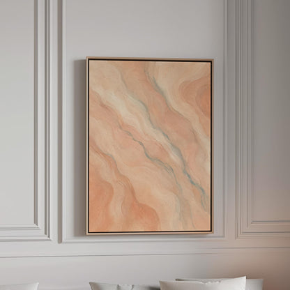 Soft flowing waves in peach blush and gray pastel, canvas print in a bright room with natural daylight