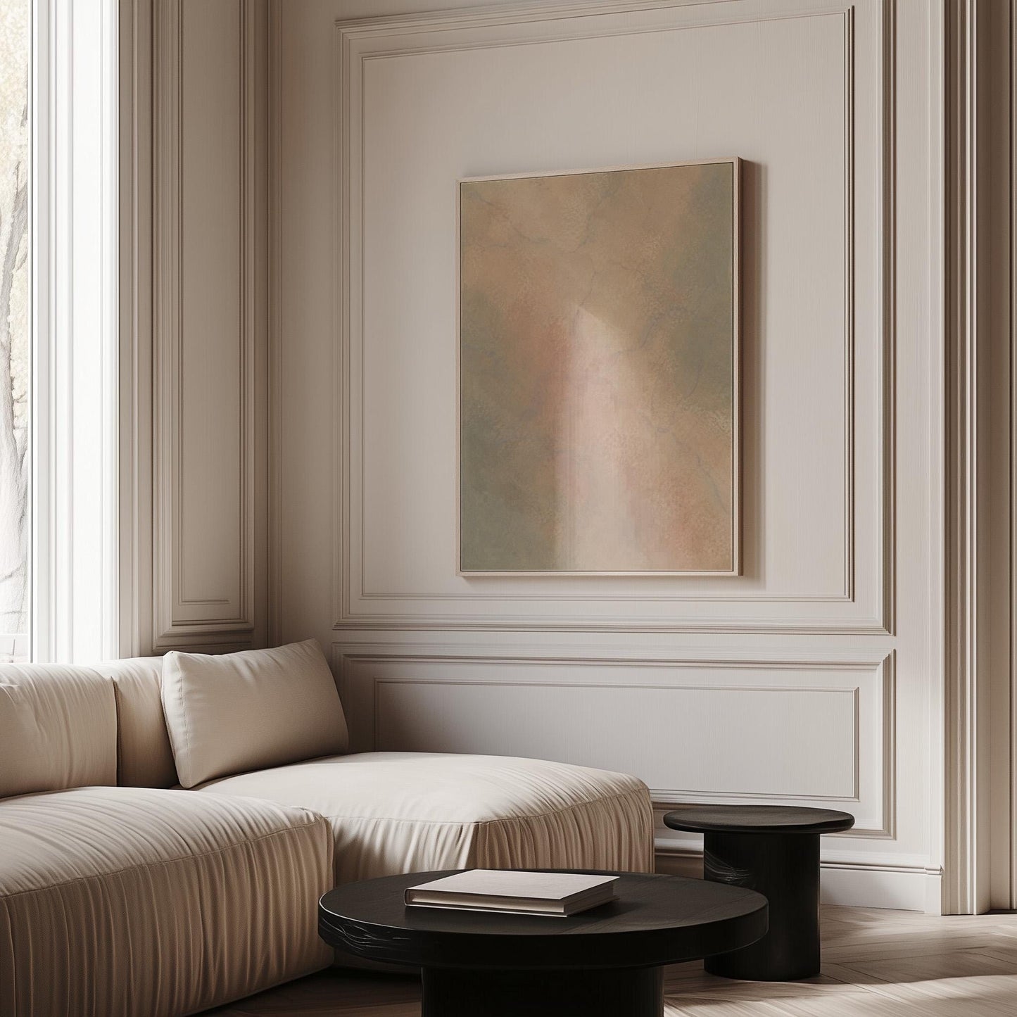 Hazy gradient blending peach and sage tones, canvas print hanging in a calm, modern living space