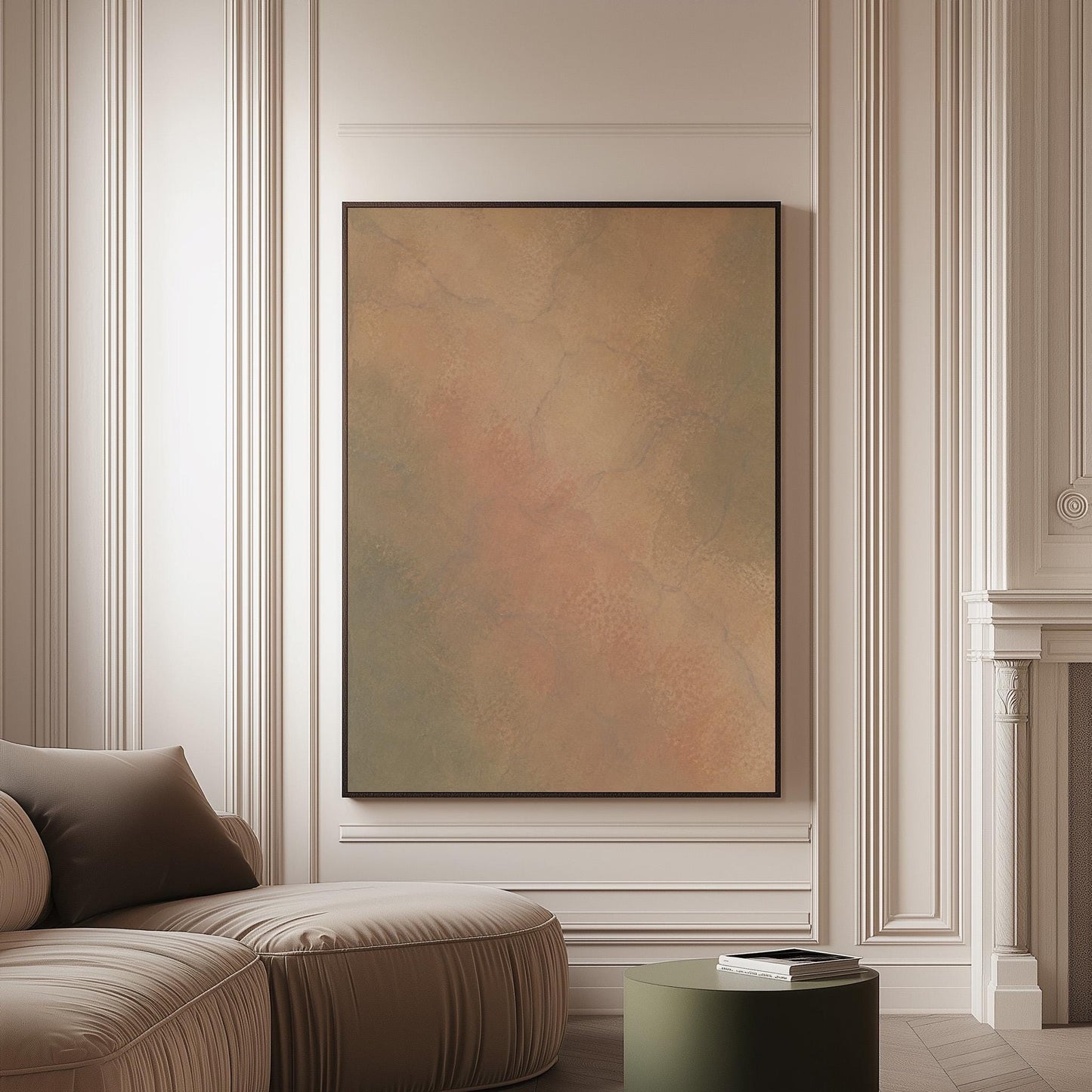 Hazy gradient blending peach and sage tones, canvas print on a softly lit wall in a calm interior