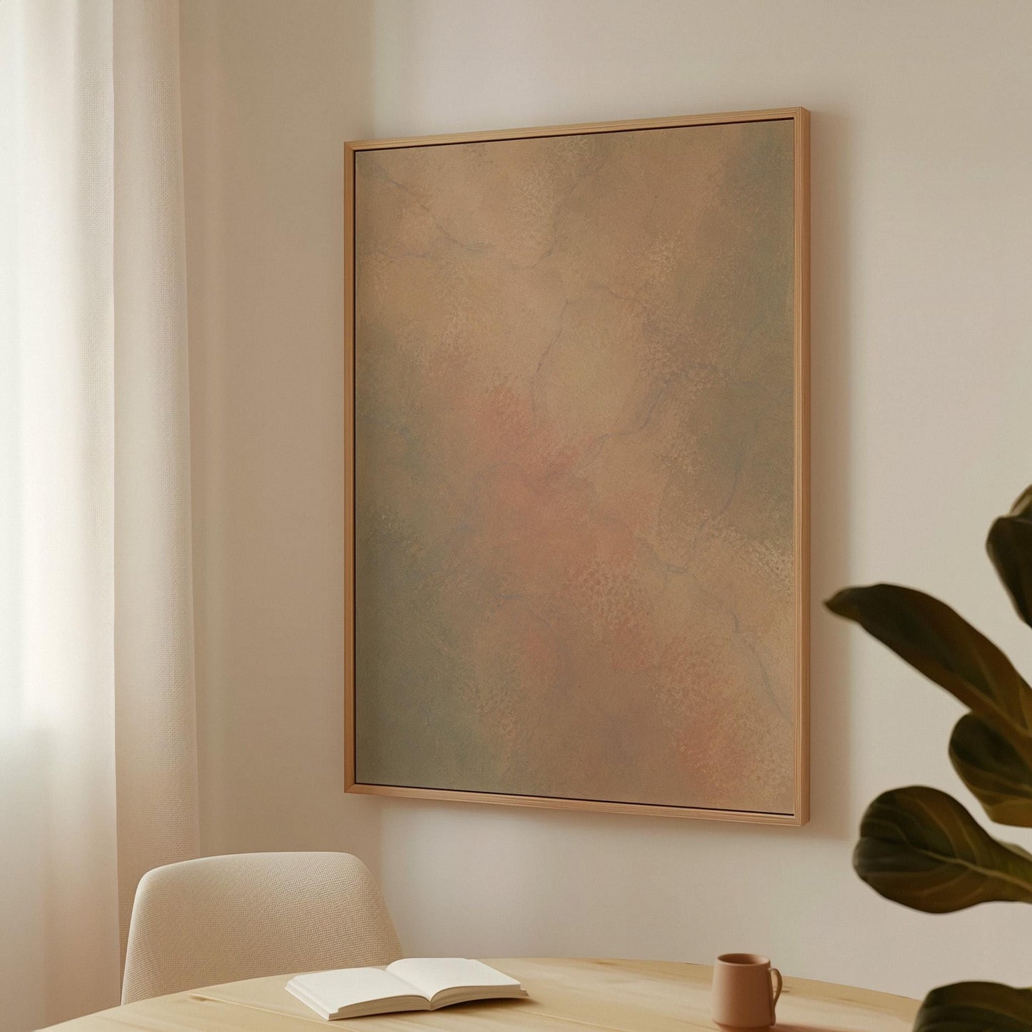 Hazy gradient blending peach and sage tones, canvas print shown to scale in a furnished room
