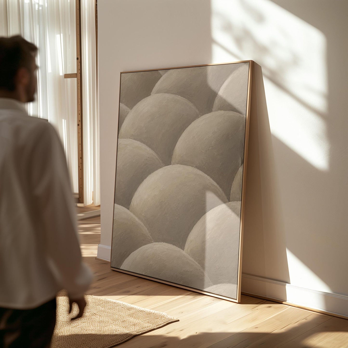 Rows of shaded dome shapes in deep taupe, canvas print styled against a soft white wall
