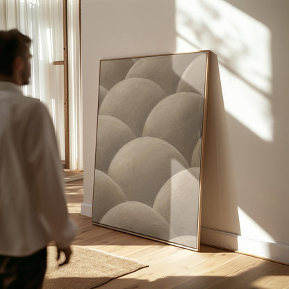 Rows of shaded dome shapes in deep taupe, canvas print styled against a soft white wall