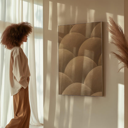 Rows of shaded dome shapes in deep taupe, canvas wall art on a quiet wall in a considered interior