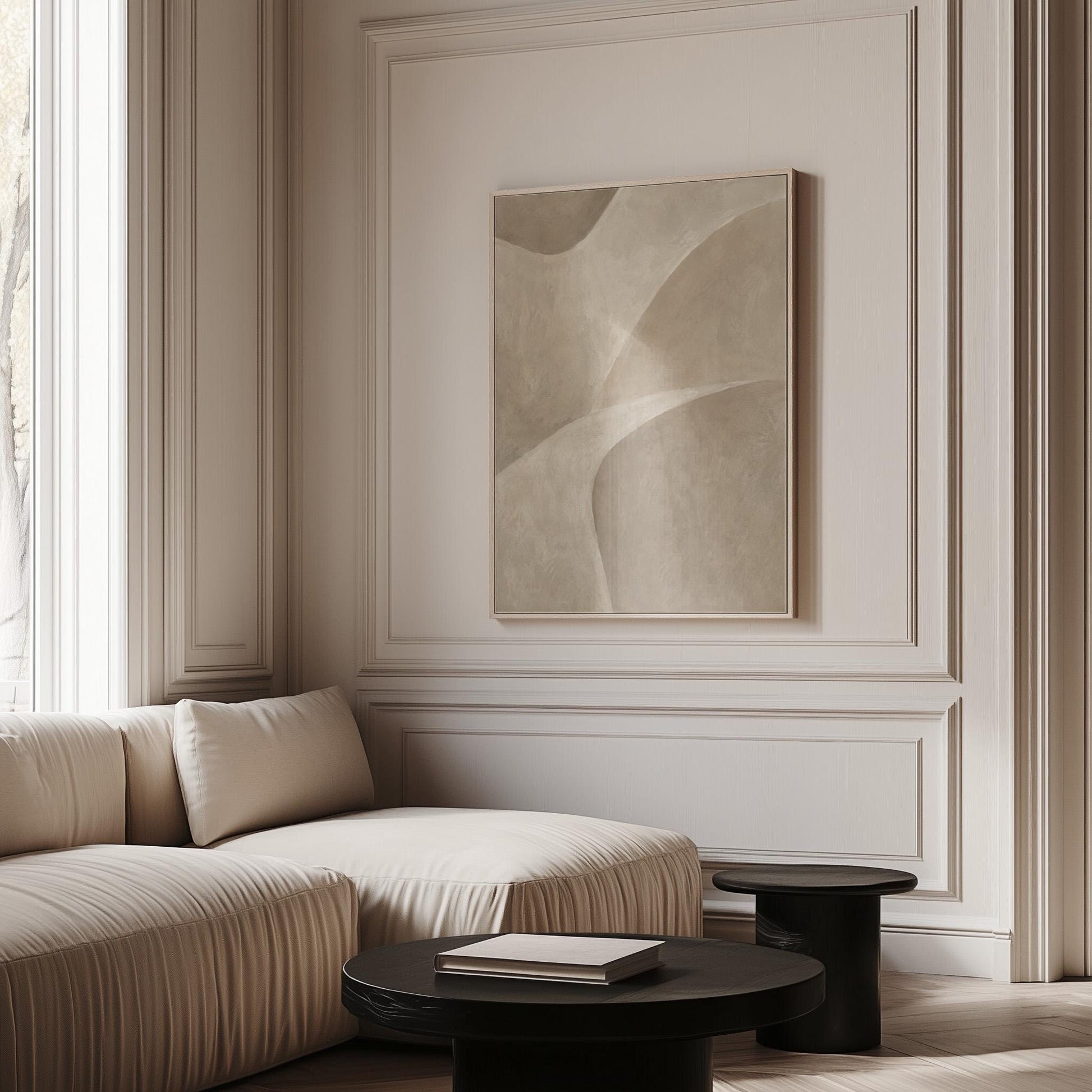 Minimal soft curved lines crossing taupe field, canvas print presented in a light, minimal room