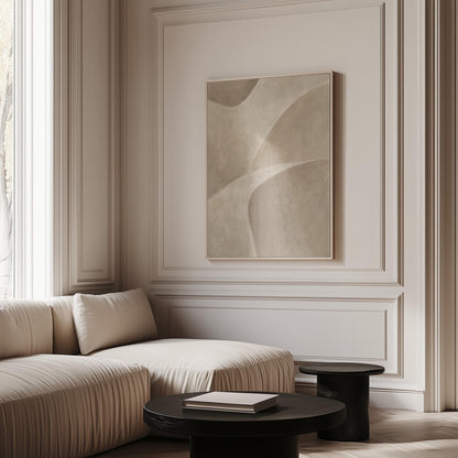 Minimal soft curved lines crossing taupe field, canvas print presented in a light, minimal room