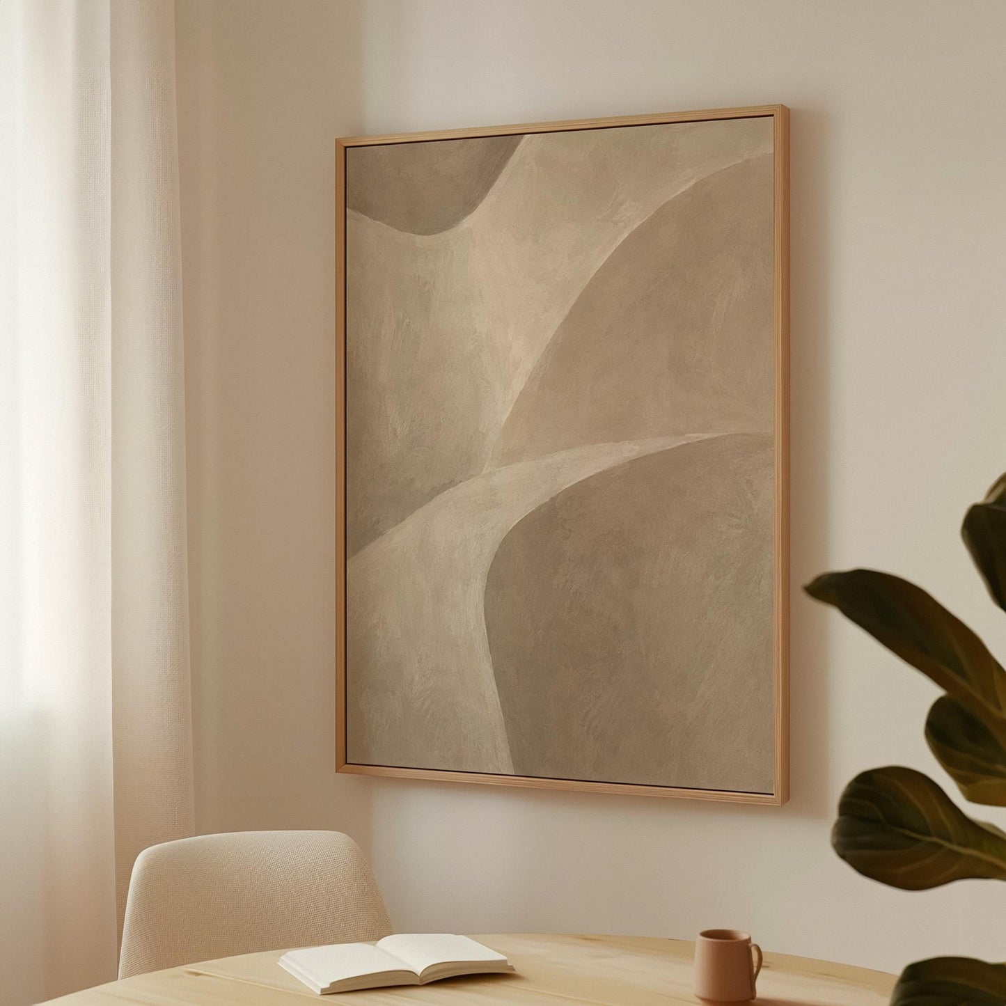 Minimal soft curved lines crossing taupe field, canvas print displayed on a neutral wall in a styled interior
