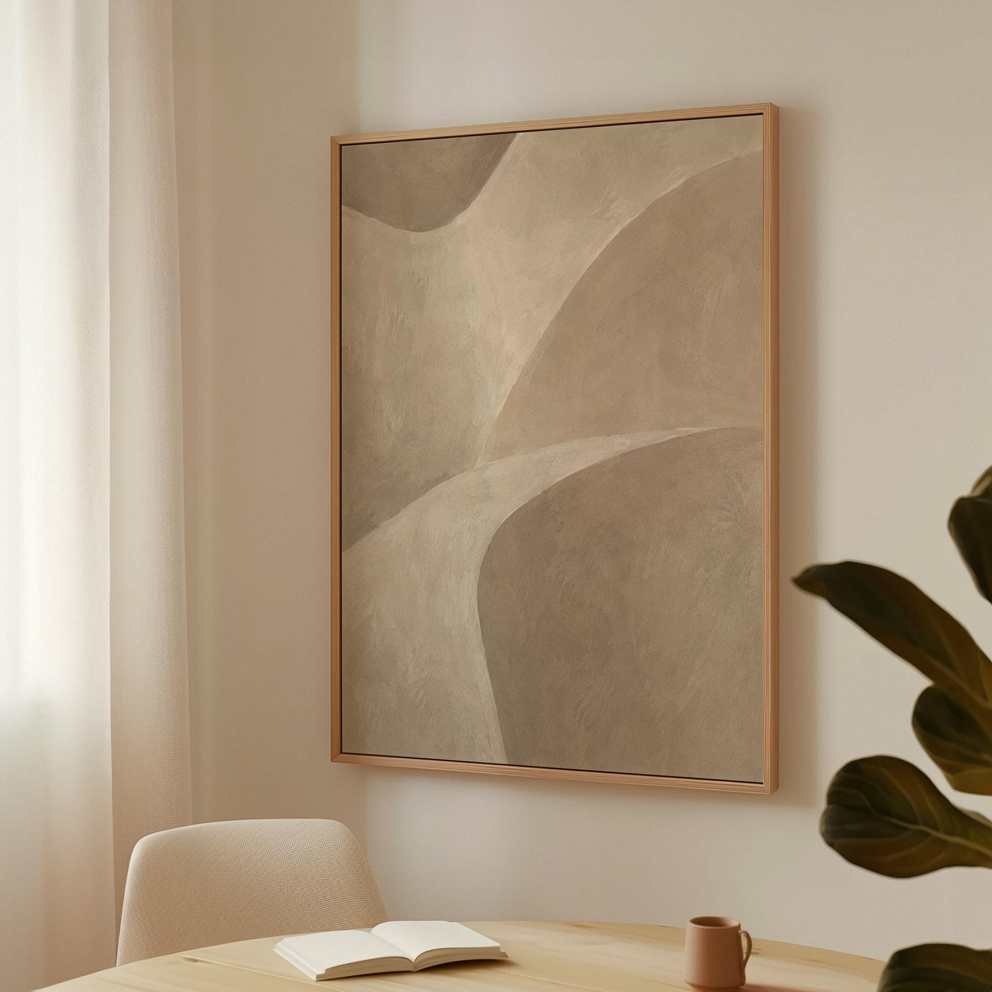 Minimal soft curved lines crossing taupe field, canvas print displayed on a neutral wall in a styled interior