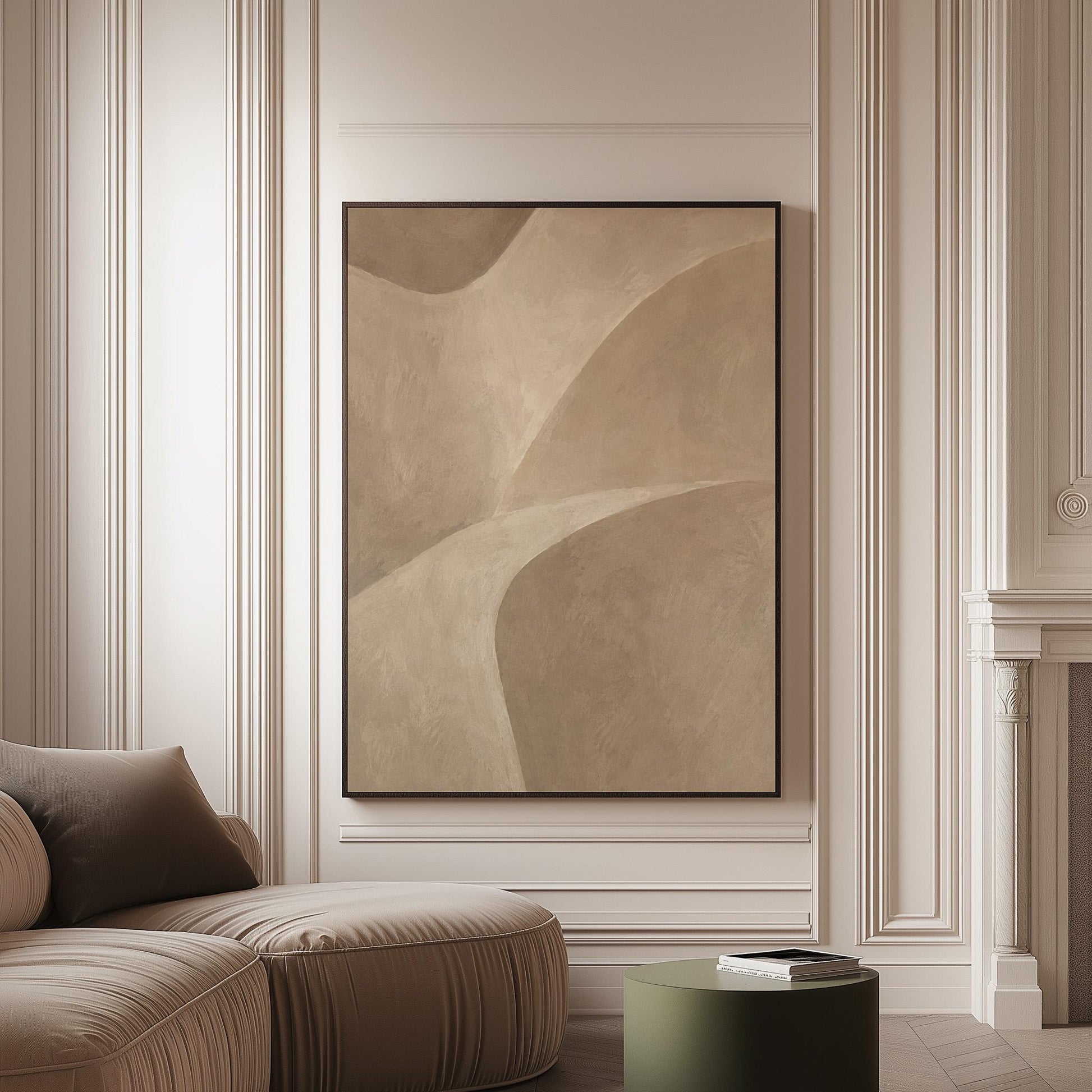 Minimal soft curved lines crossing taupe field, canvas print on a softly lit wall in a calm interior
