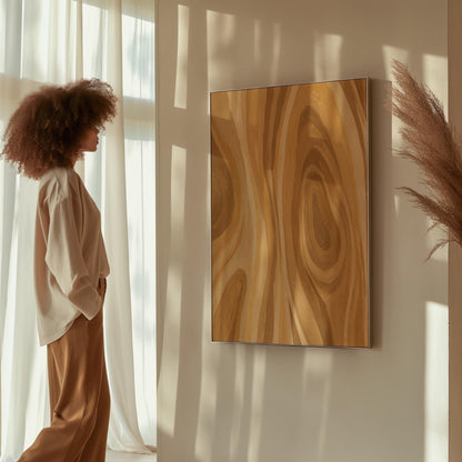 Concentric swirling lines in amber and caramel, canvas print presented in a light, minimal room