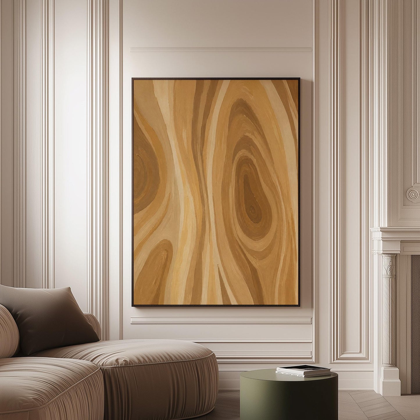 Concentric swirling lines in amber and caramel, canvas print on a softly lit wall in a calm interior