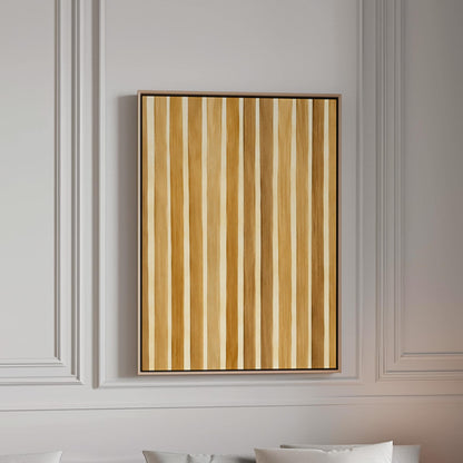 Vertical golden slat stripes in honey tones, canvas print in a bright room with natural daylight