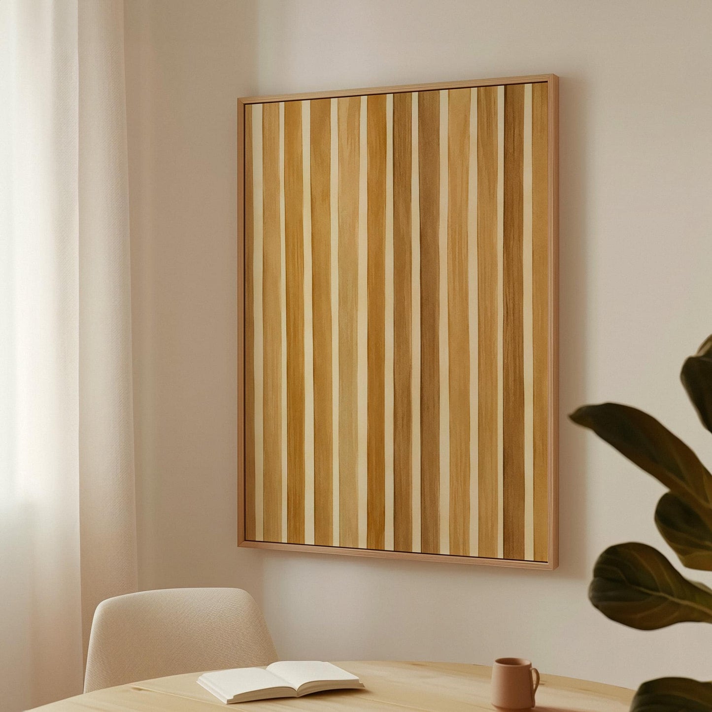 Vertical golden slat stripes in honey tones, canvas print hanging in a calm, modern living space