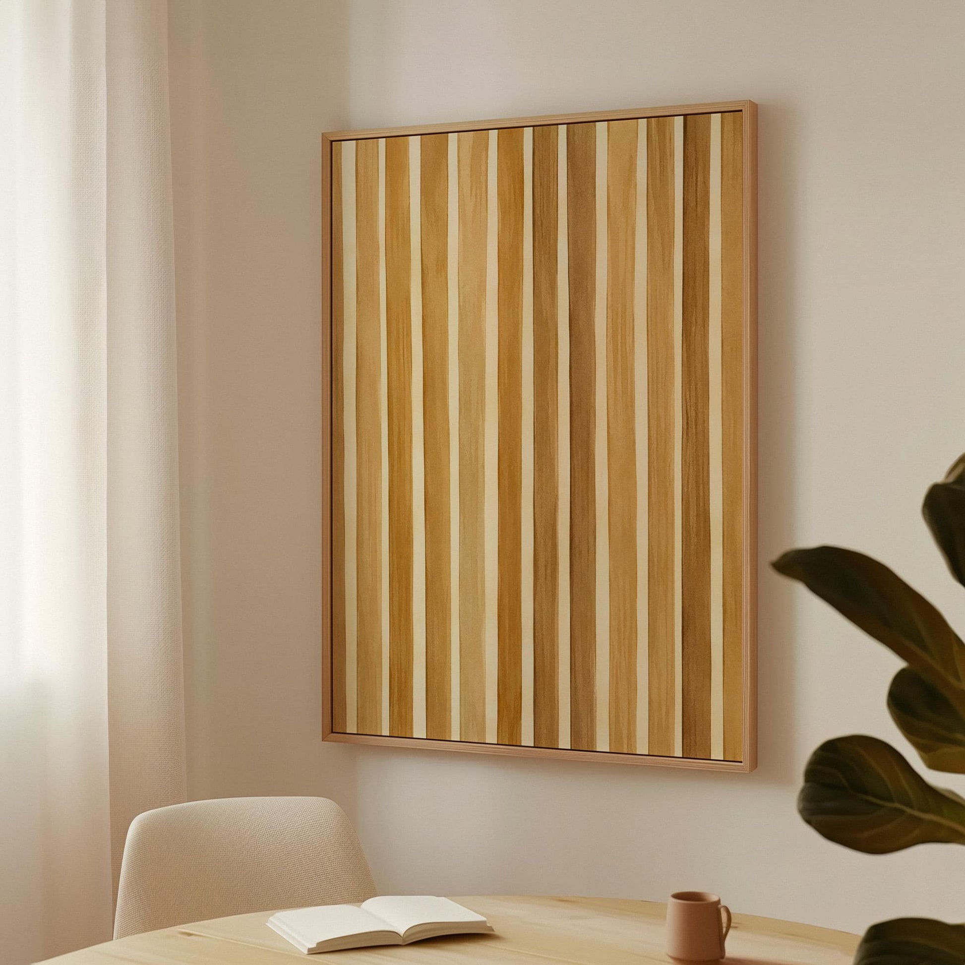 Vertical golden slat stripes in honey tones, canvas print hanging in a calm, modern living space