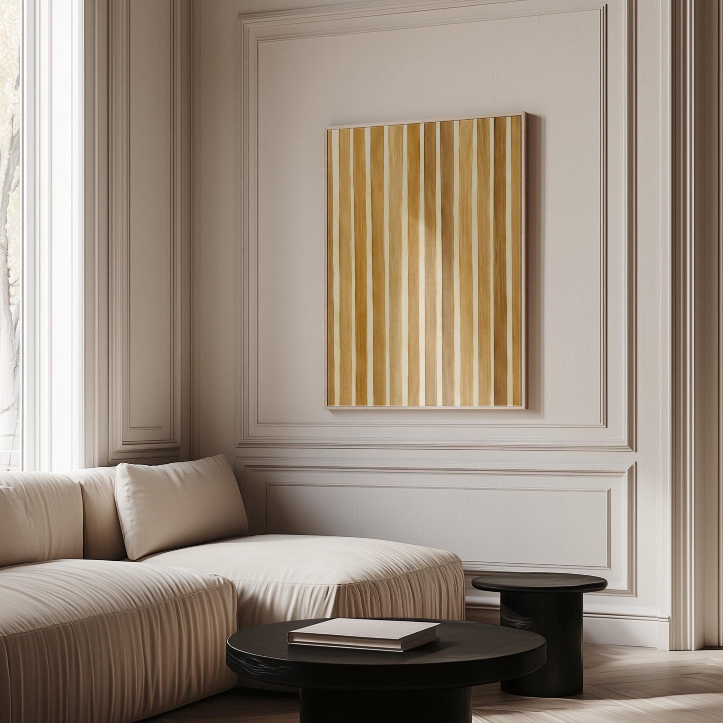 Vertical golden slat stripes in honey tones, canvas wall art seen in a warm interior with natural light