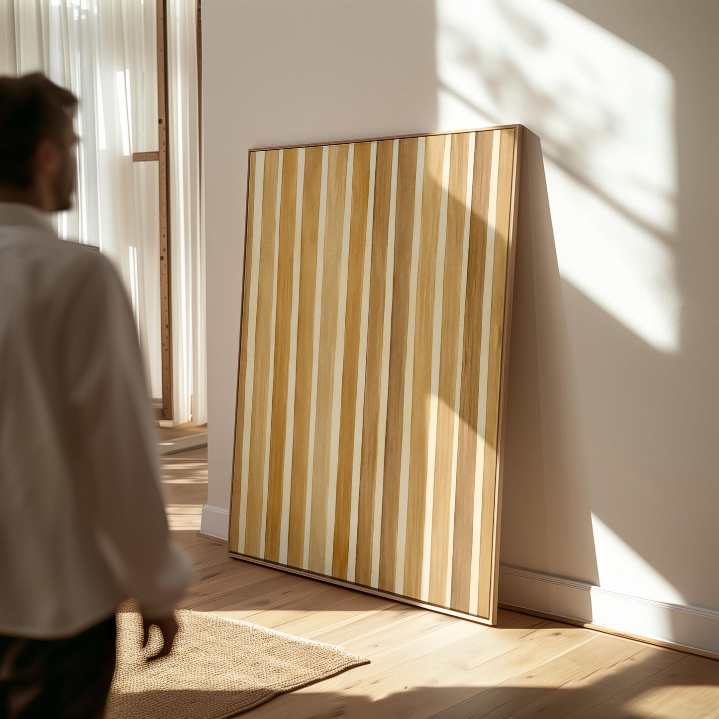 Vertical golden slat stripes in honey tones, canvas print presented in a light, minimal room