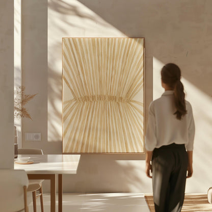 Wheat sheaf with rays fanning from bound center, canvas wall art presented in a light, minimal room