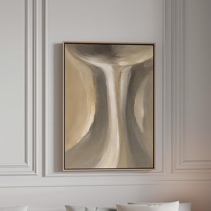 Elegant hourglass curve form in gray and taupe, canvas print in a bright room with natural daylight