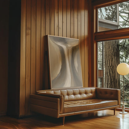 Elegant hourglass curve form in gray and taupe, canvas print hanging in a calm, modern living space