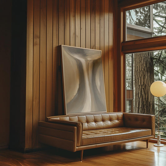 Elegant hourglass curve form in gray and taupe, canvas print hanging in a calm, modern living space