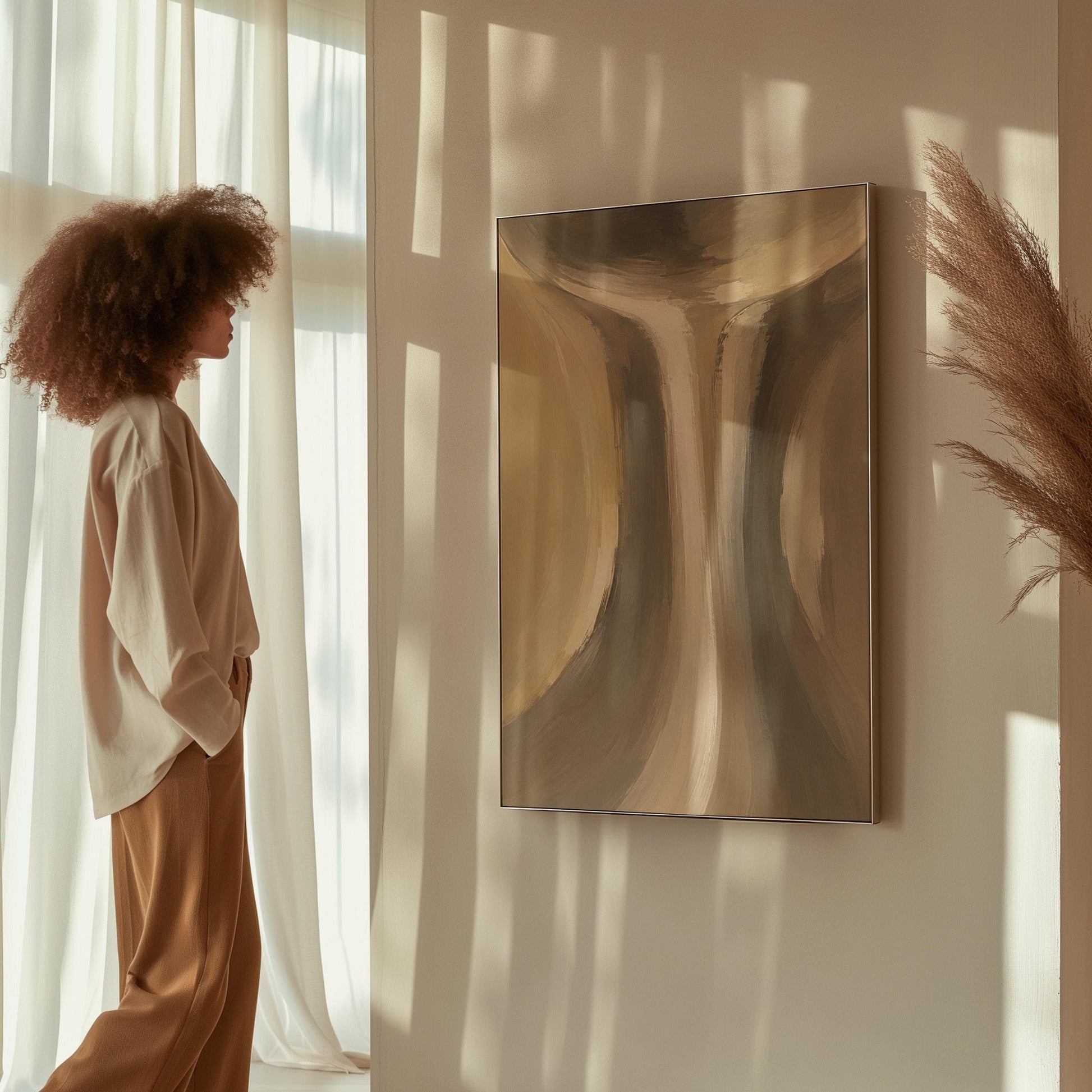 Elegant hourglass curve form in gray and taupe, canvas print shown to scale in a furnished room