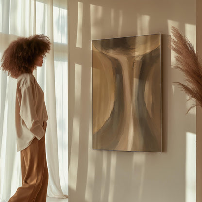 Elegant hourglass curve form in gray and taupe, canvas print shown to scale in a furnished room
