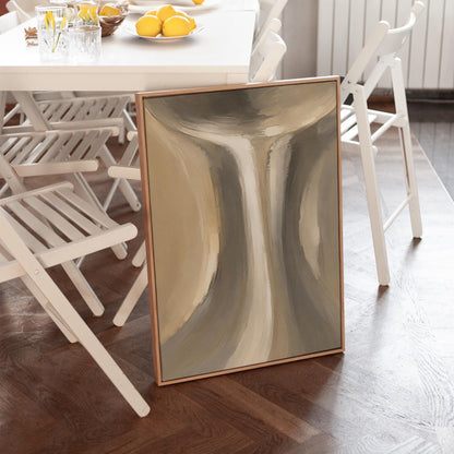 Elegant hourglass curve form in gray and taupe, canvas print shown in a sunlit, contemporary room