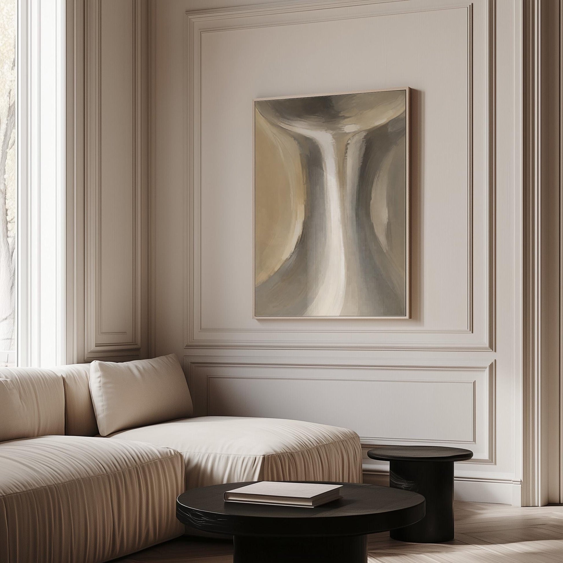 Elegant hourglass curve form in gray and taupe, canvas wall art hanging in a calm, modern living space