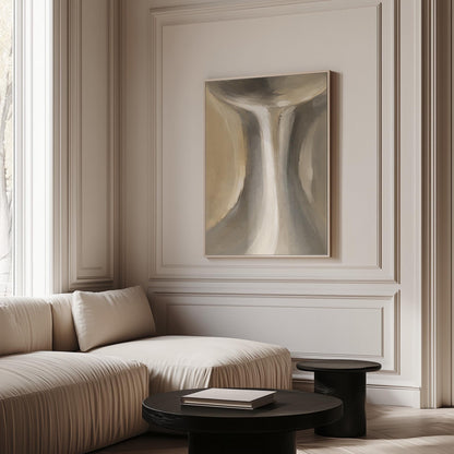 Elegant hourglass curve form in gray and taupe, canvas wall art hanging in a calm, modern living space