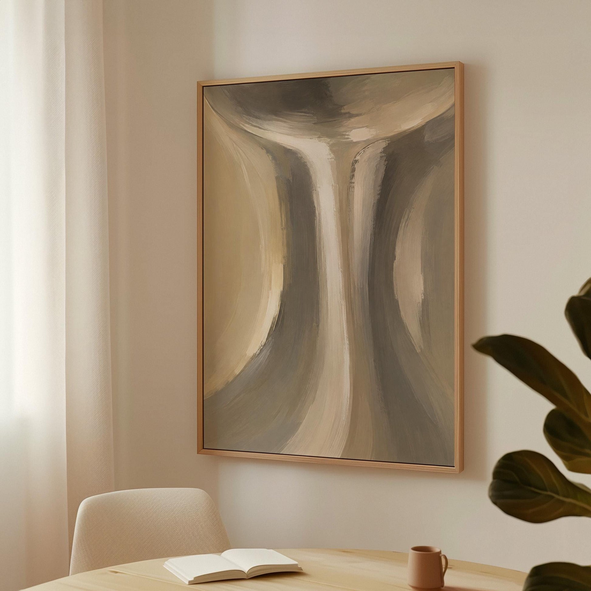 Elegant hourglass curve form in gray and taupe, canvas print seen in a warm interior with natural light