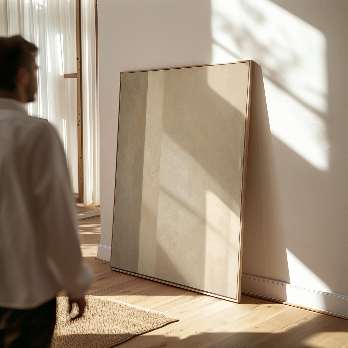 Vertical bands of light and shadow on warm beige, canvas print presented in a light, minimal room