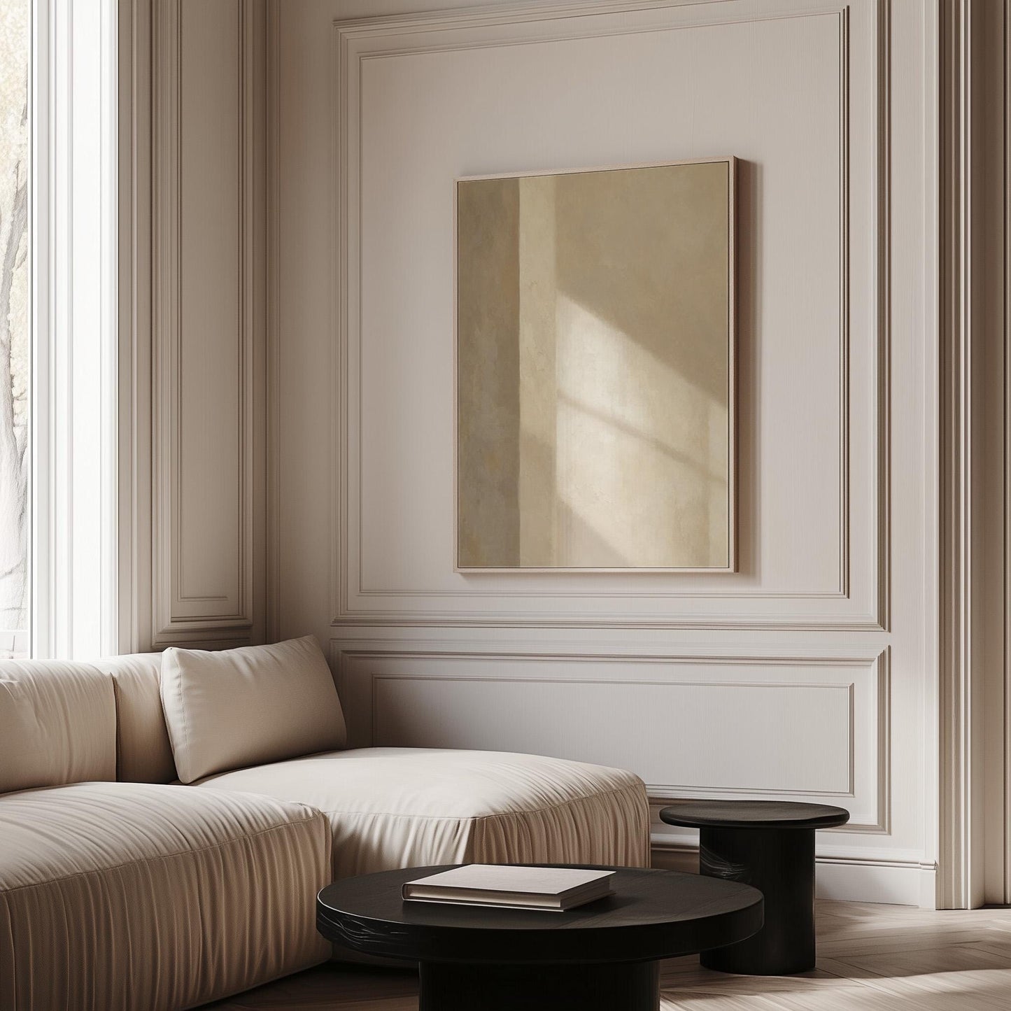 Vertical bands of light and shadow on warm beige, canvas print on a quiet wall in a considered interior