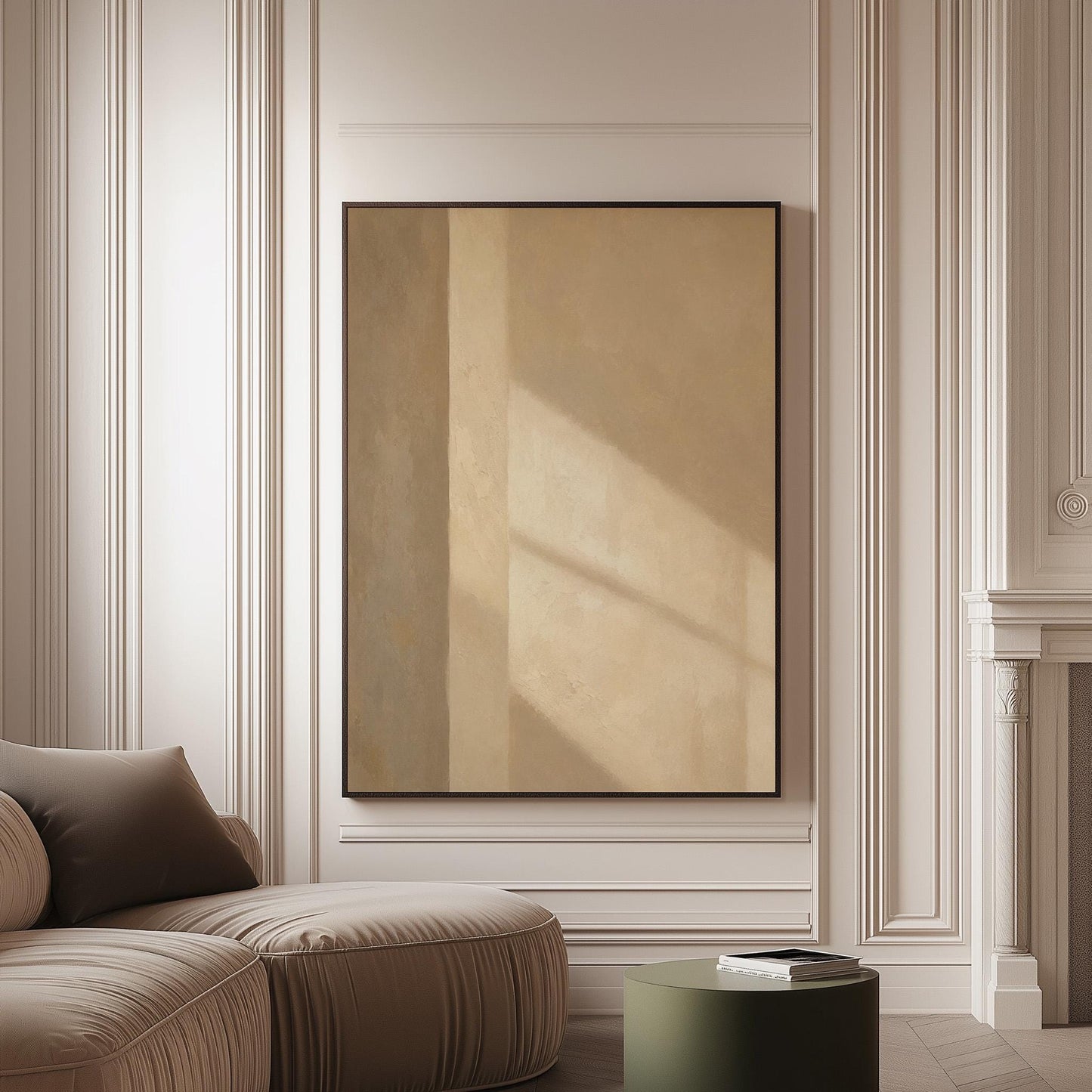 Vertical bands of light and shadow on warm beige, canvas print on a softly lit wall in a calm interior