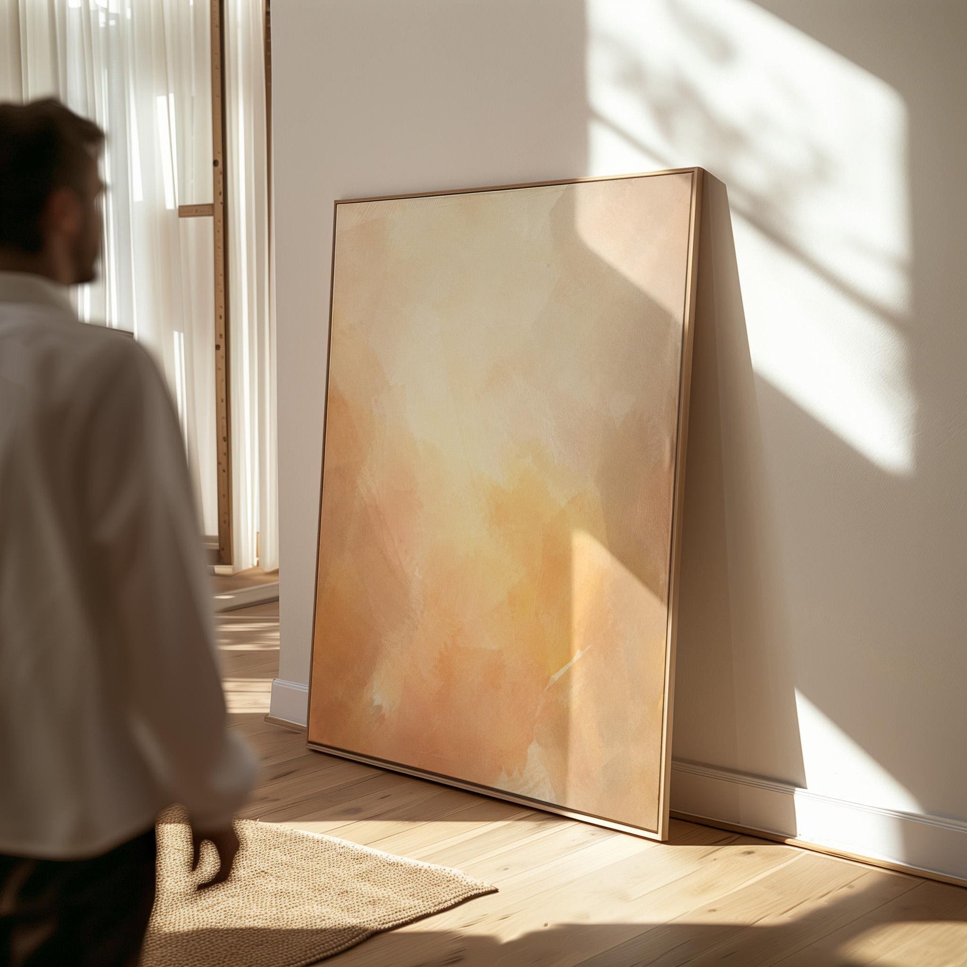 Radiant golden peach glow like hazy sunrise, canvas print presented in a light, minimal room