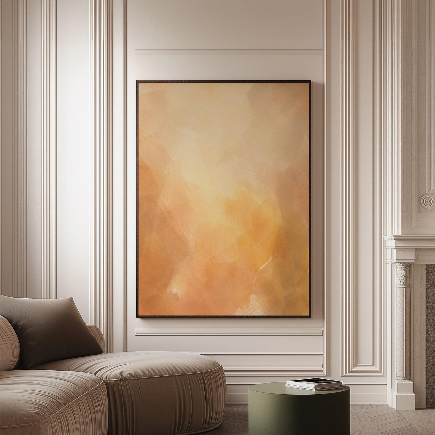 Radiant golden peach glow like hazy sunrise, canvas print on a softly lit wall in a calm interior