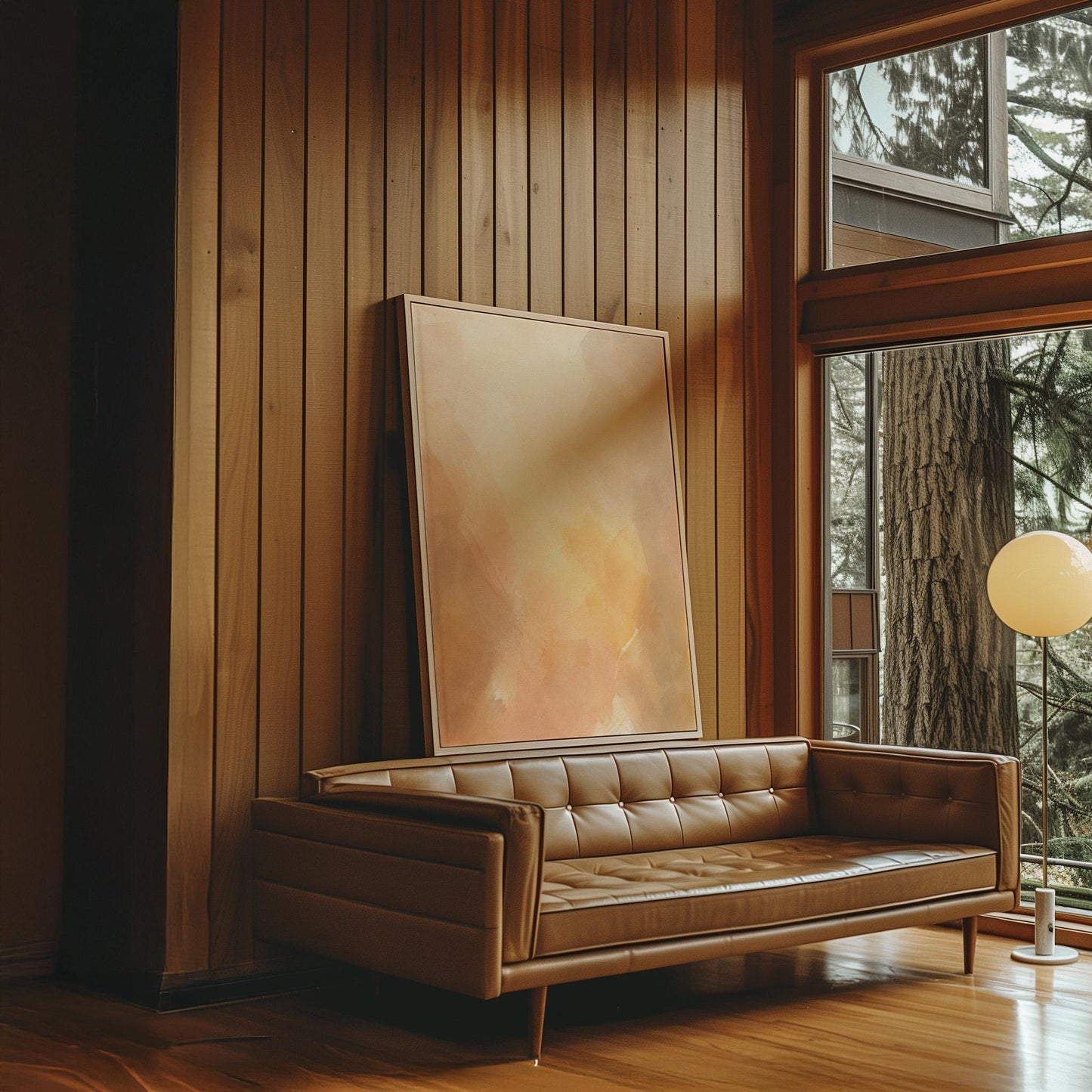 Radiant golden peach glow like hazy sunrise, canvas wall art styled against a soft white wall