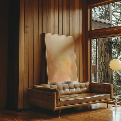 Radiant golden peach glow like hazy sunrise, canvas wall art styled against a soft white wall