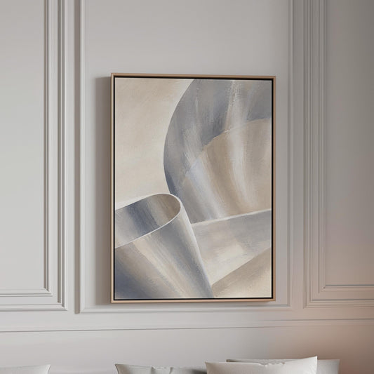 Graceful ribbon curves in silver and pale blue, canvas print in a bright room with natural daylight