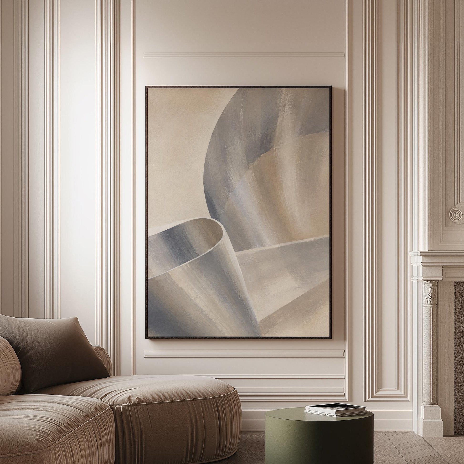 Graceful ribbon curves in silver and pale blue, canvas print on a softly lit wall in a calm interior